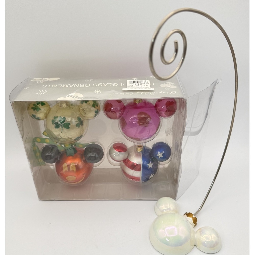 Disney Set 4 Mickey Mouse Head Glass Various Holidays Ornaments w/stand #10610